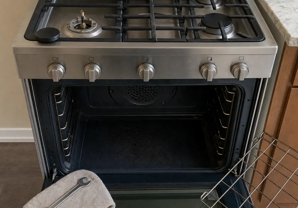 Reading coil temperature on a built-in column in an Encinitas kitchen, panel off, before anything is quoted